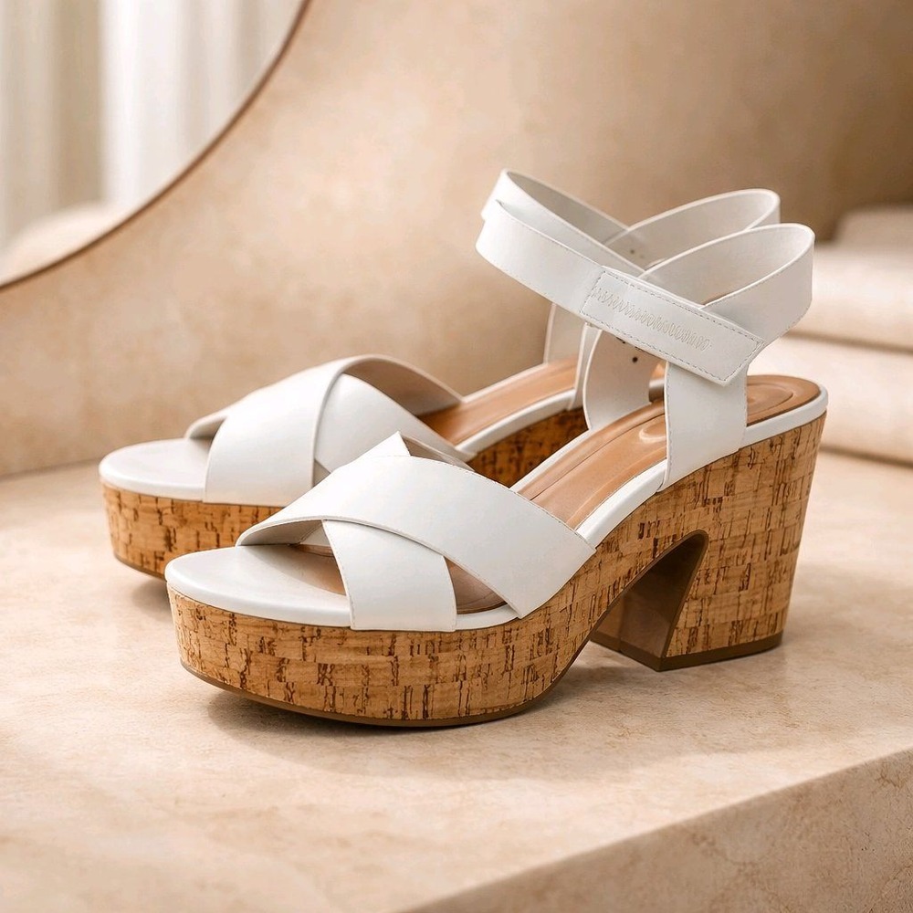 Sarto by Franco Sarto Donati White‎ Leather Cork Platform Block Heel Sandals 9M